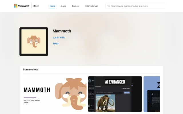 Screenshot of Get Mammoth from the Microsoft Store