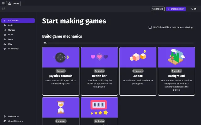 Screenshot of GDevelop game making app