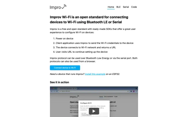 Screenshot of Improv Wi-Fi: Open standard for setting up Wi-Fi via Bluetooth LE and Serial
