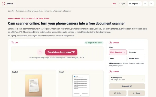 Screenshot of Free online cam scanner: camera to PDF, no app | LensUp