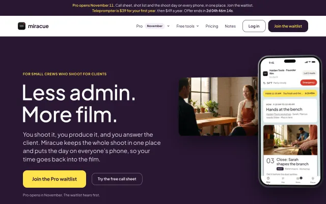 Screenshot of Less admin. More film.