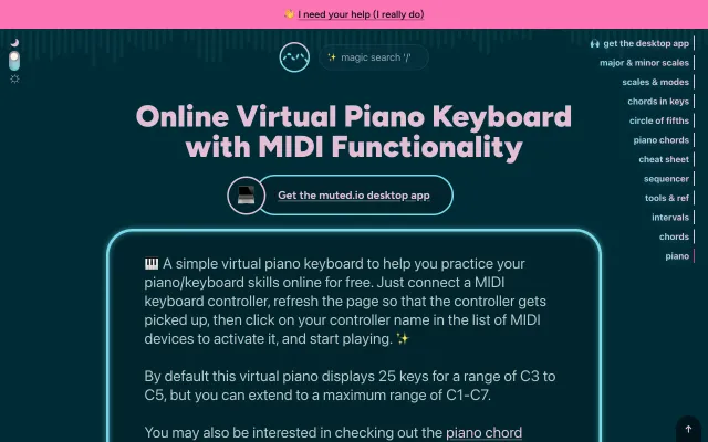 Screenshot of Virtual Online Piano Keyboard with MIDI Functionality | muted.io
