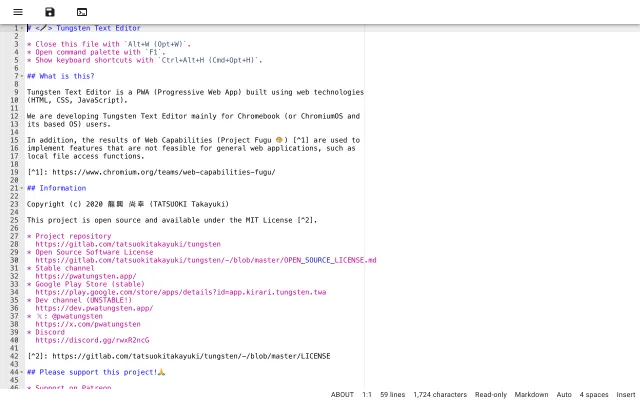 Screenshot of Tungsten Text Editor